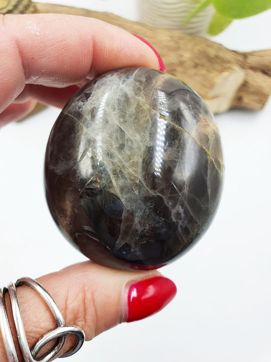 Flashy Black Moonstone Palm Stone - Intuition & New Beginnings Healing Crystal - 144g