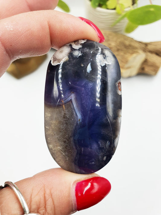 Blue Flower Agate Palm Stone - Sakura Nurturing & Growth Crystal - 55g