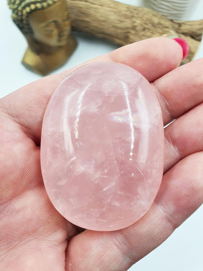Rose Quartz Palm Stone with rainbows - Love & Compassion Healing Crystal - 60g