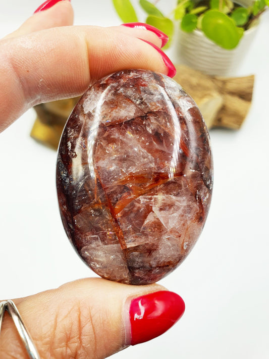 Fire Quartz (Hematoid) Palm Stone with rainbow flashes - Grounding & Vitality Crystal - 95g
