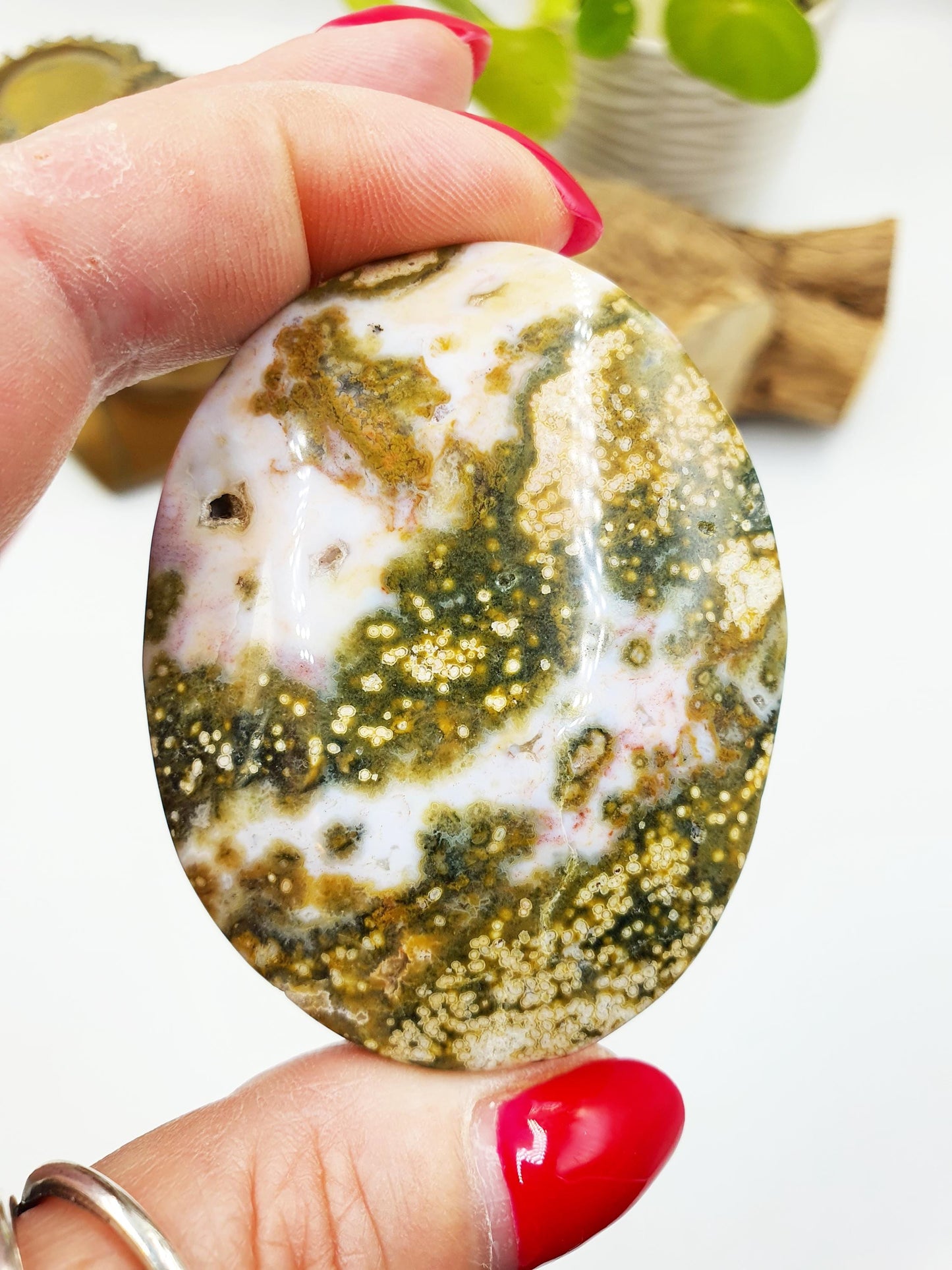 Orbicular Ocean Jasper Palm - Joy & Renewal Healing Crystal - 80g