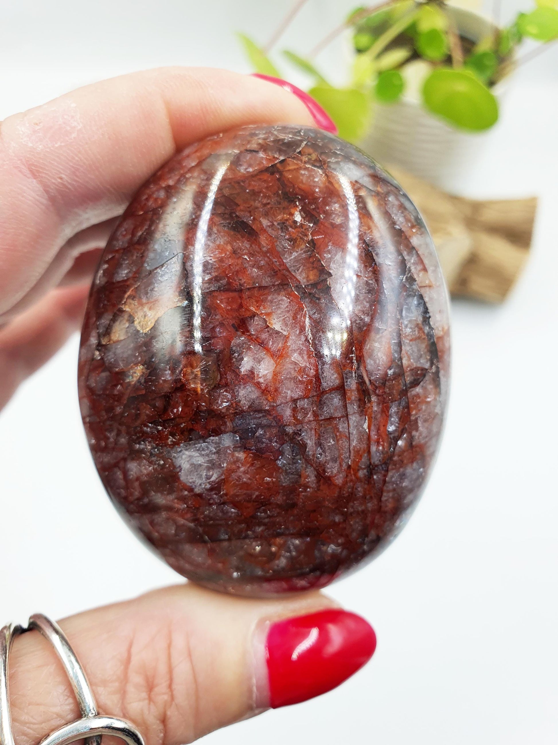 Large Fire Quartz (Hematoid) Palm Stone with rainbow flashes - Grounding & Vitality Crystal - 170g