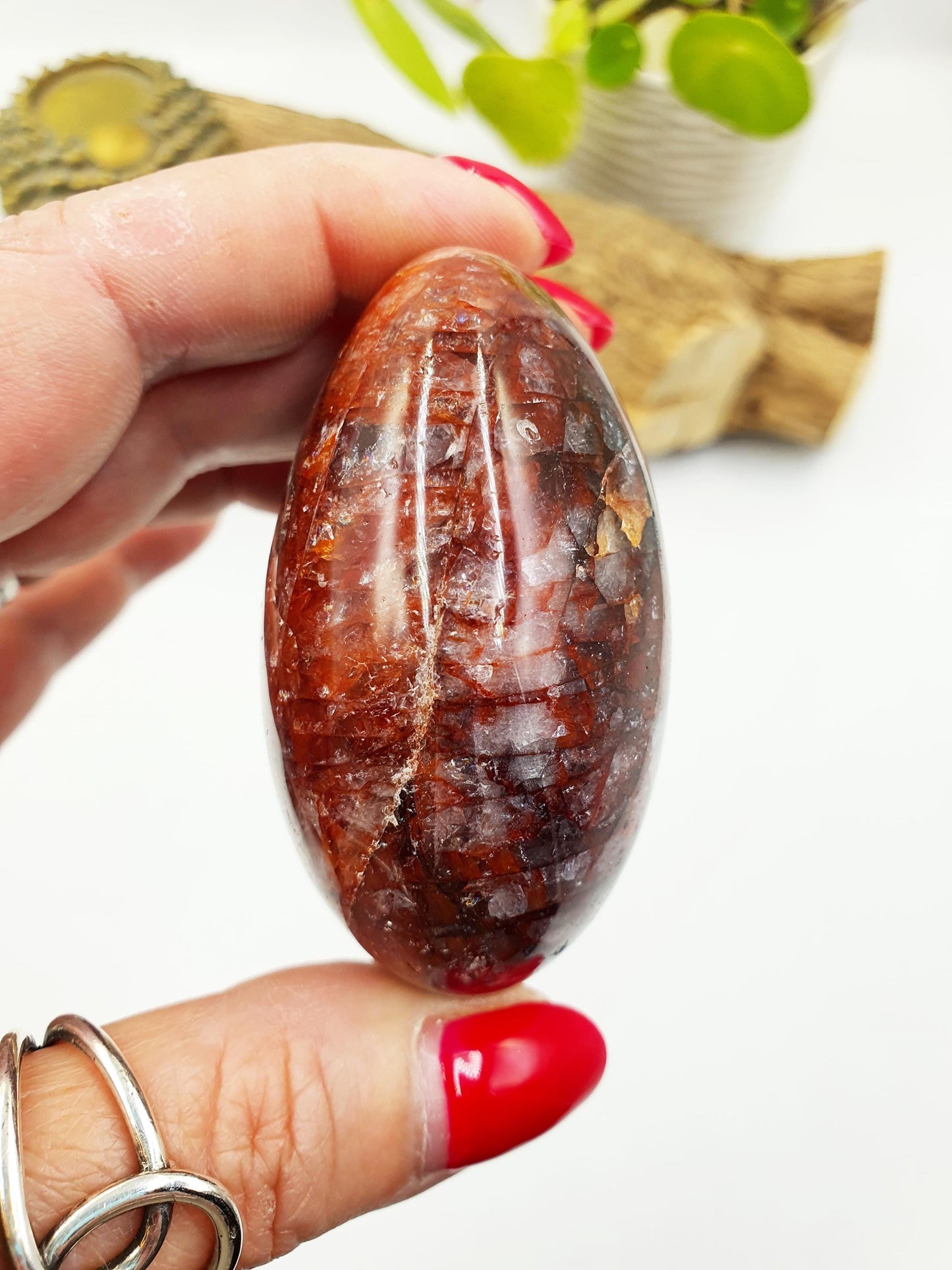 Large Fire Quartz (Hematoid) Palm Stone with rainbow flashes - Grounding & Vitality Crystal - 170g