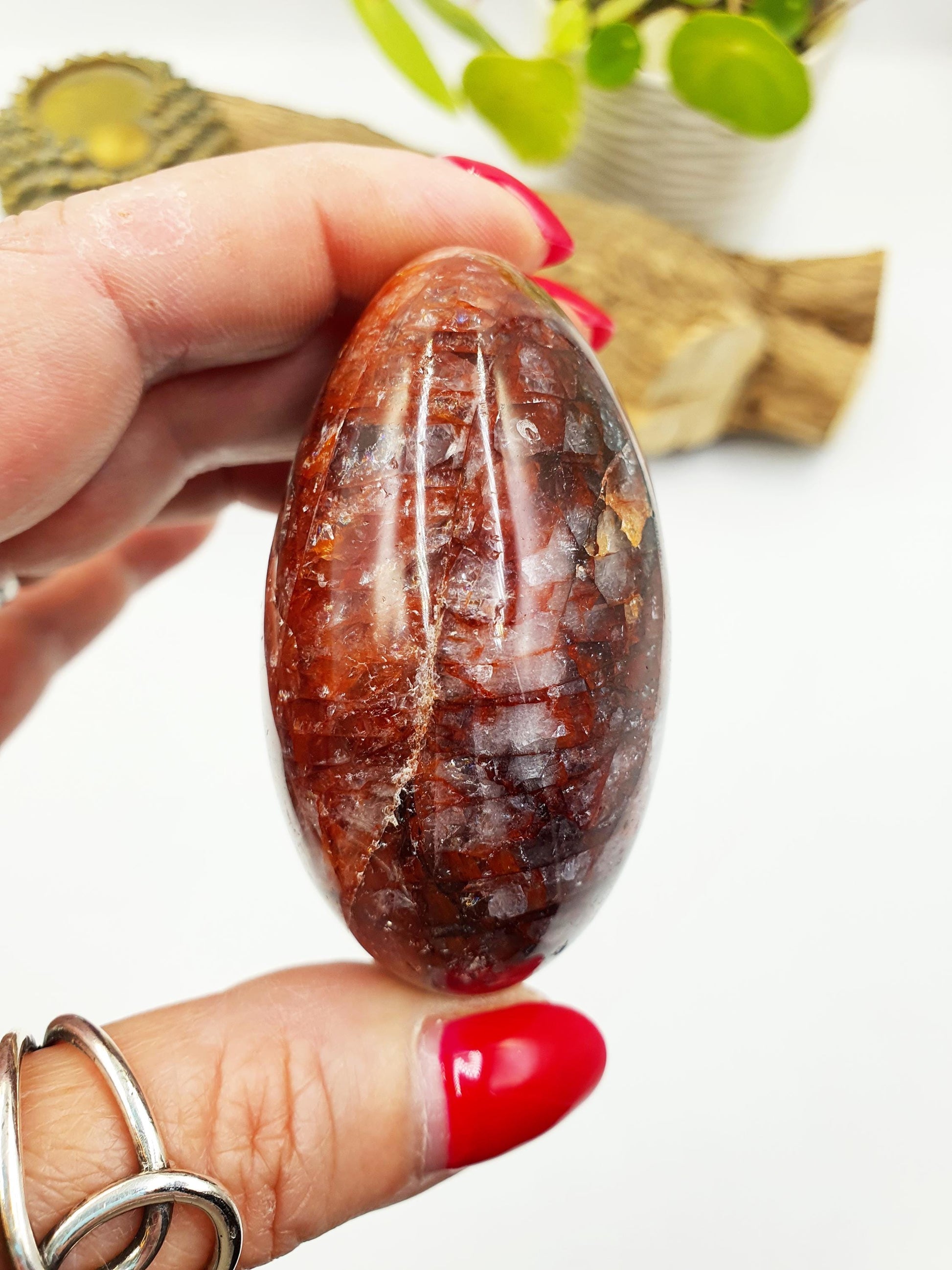 Large Fire Quartz (Hematoid) Palm Stone with rainbow flashes - Grounding & Vitality Crystal - 170g