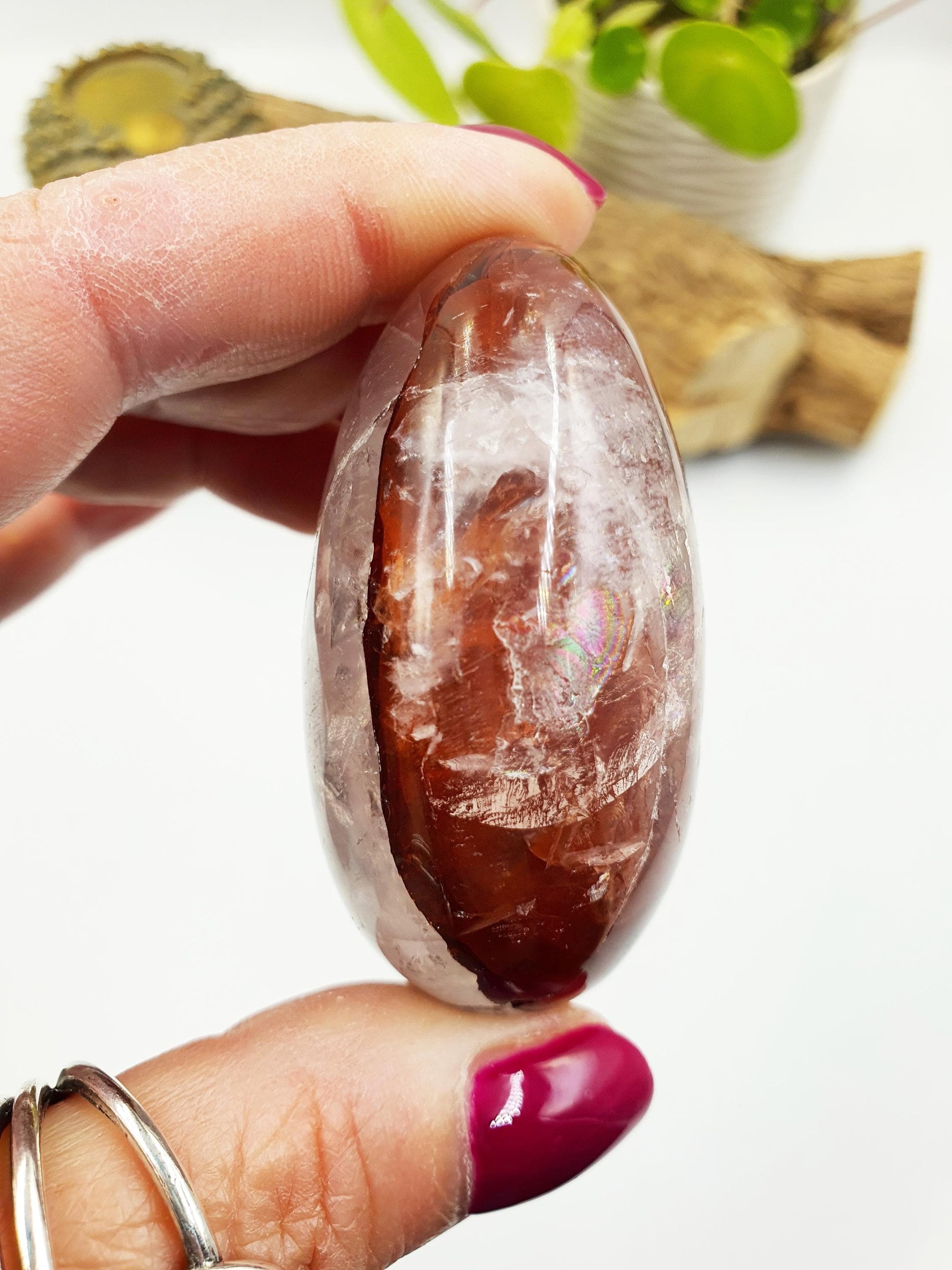 Large Fire Quartz (Hematoid) Palm Stone with rainbow flashes - Grounding & Vitality Crystal - 130g
