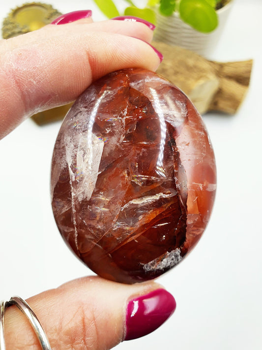 Large Fire Quartz (Hematoid) Palm Stone with rainbow flashes - Grounding & Vitality Crystal - 130g