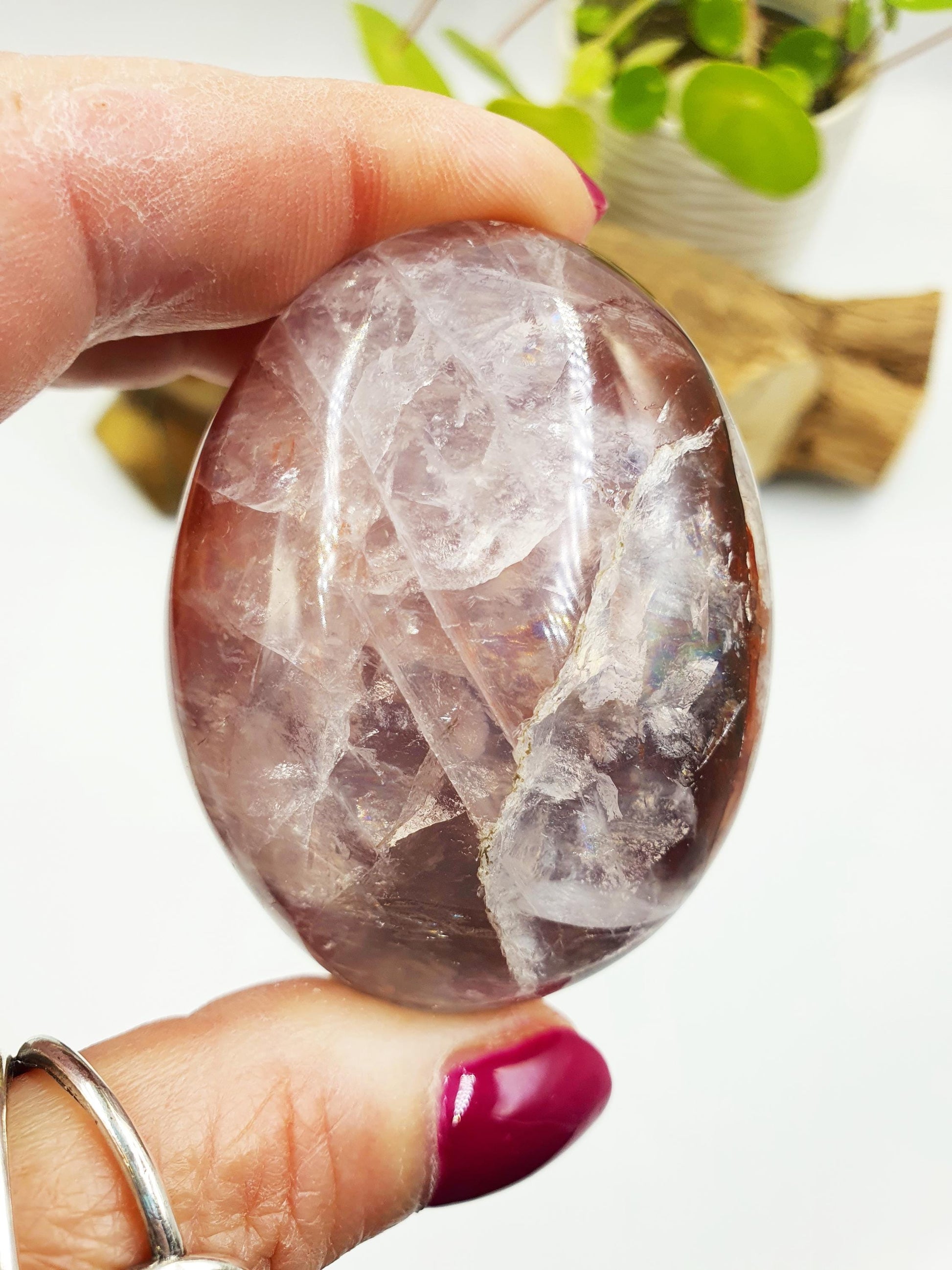 Large Fire Quartz (Hematoid) Palm Stone with rainbow flashes - Grounding & Vitality Crystal - 130g