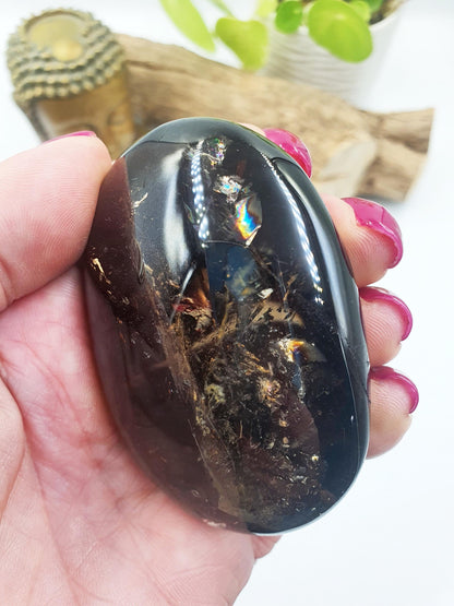 High Grade Large Smoky Quartz Palm Stone with Rainbows - Grounding & Protection Crystal, 140g