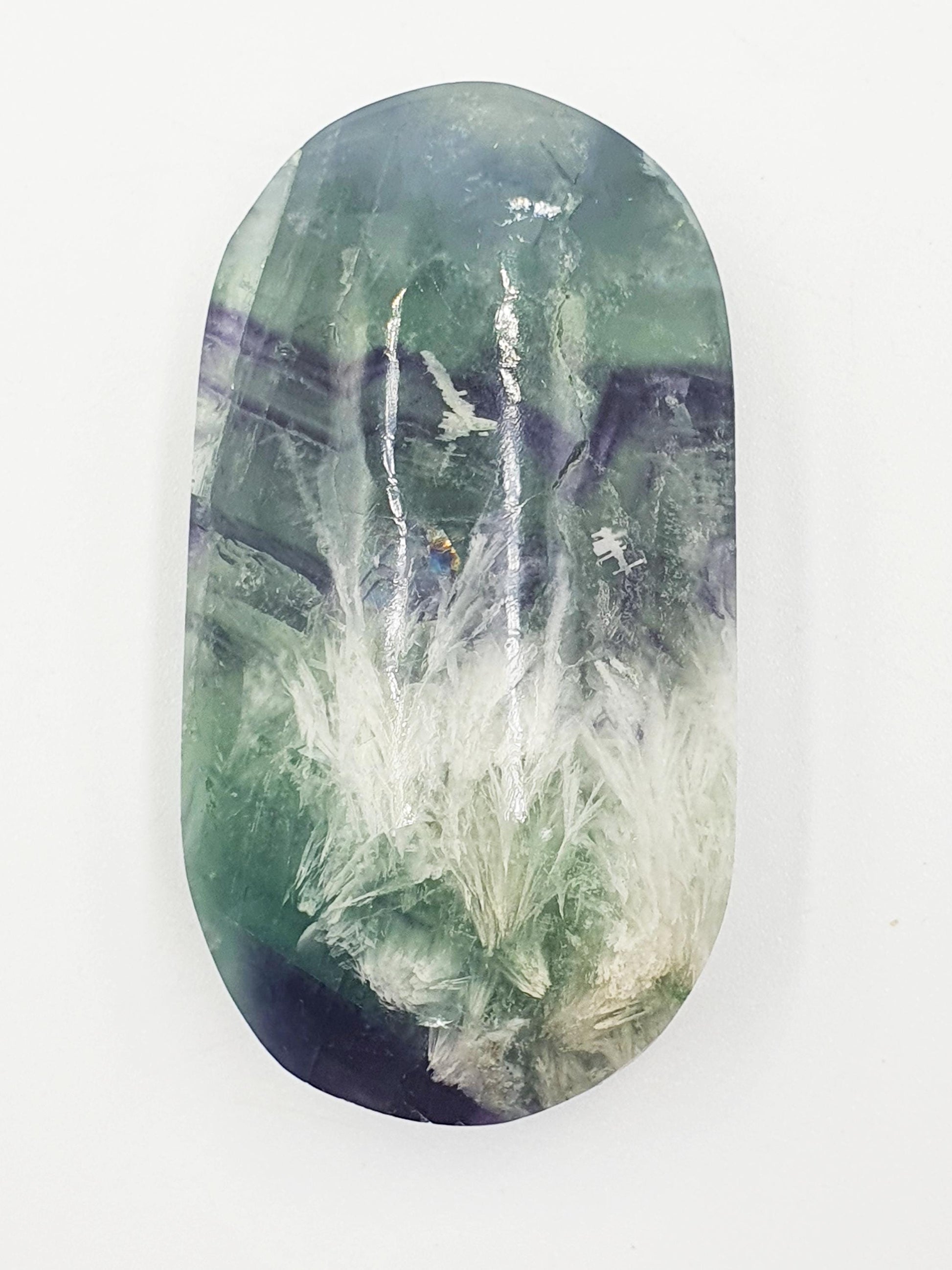 Feather Fluorite Palm Stone with rainbows - Focus and Clarity Healing Crystal, 85g
