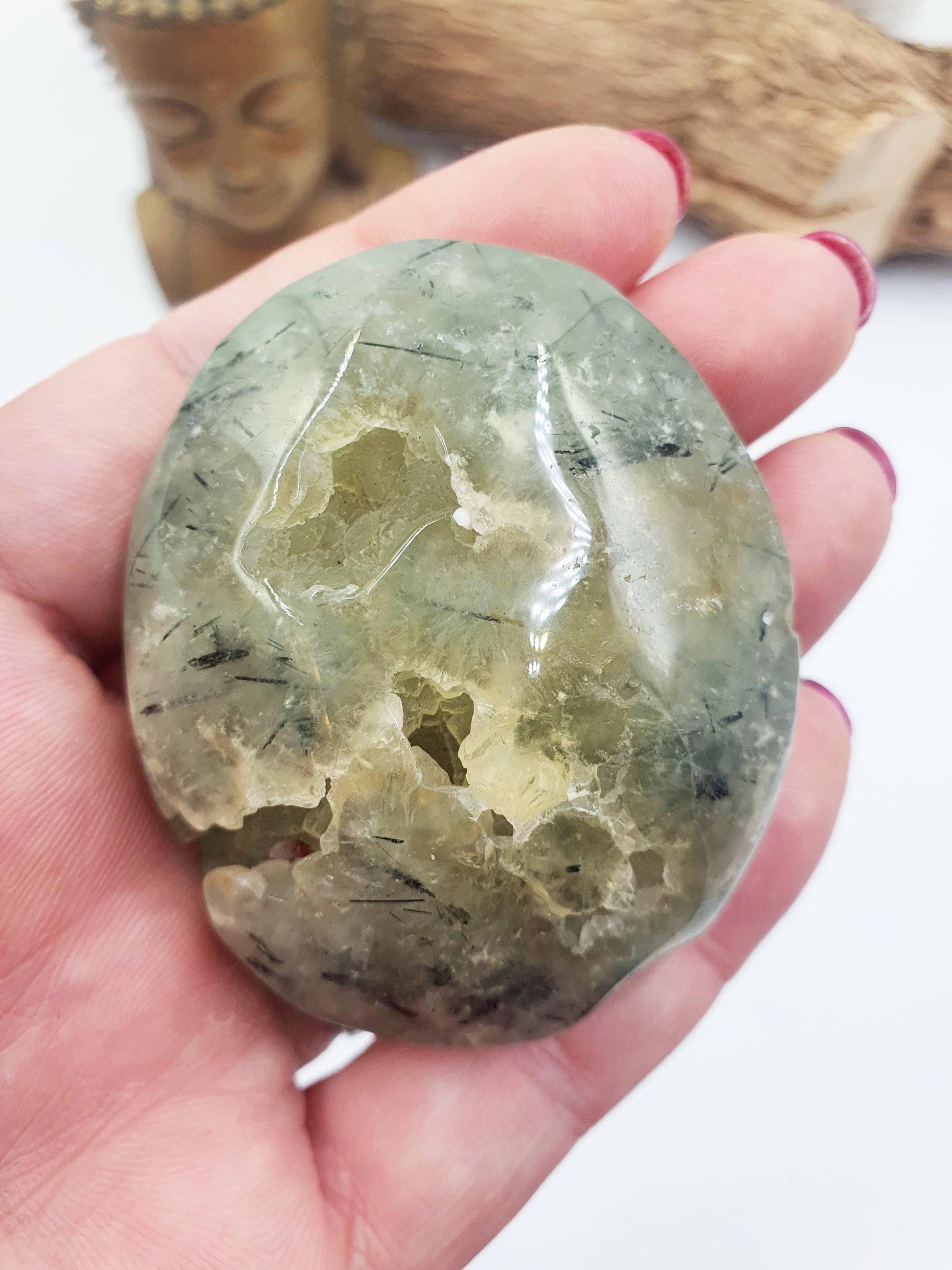 Large Prehnite Palm Stone with natural pockets - Love, Healing & Intuition Crystal, 115g