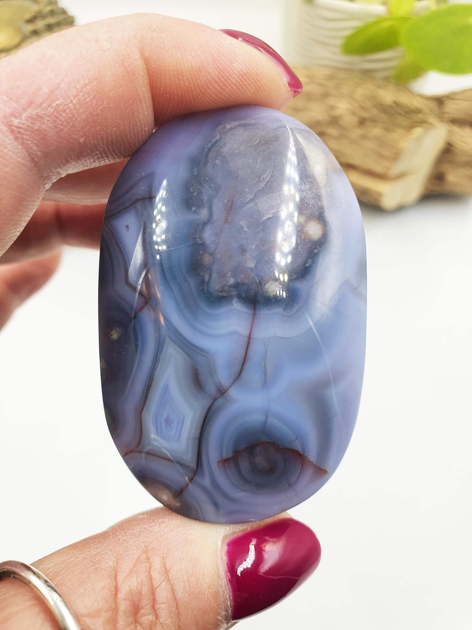 Blue Flower Agate Palm Stone - Sakura Nurturing & Growth Crystal, 70g
