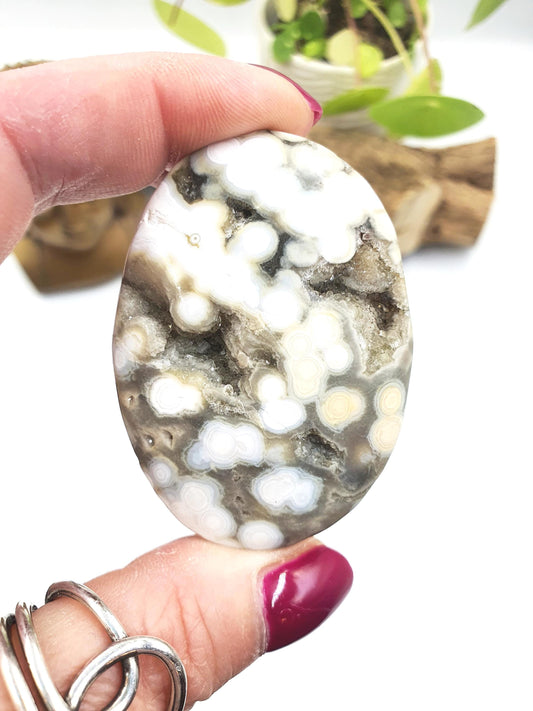 Sparkly Orbicular Ocean Jasper Palm - Joy & Renewal Healing Crystal - 55g