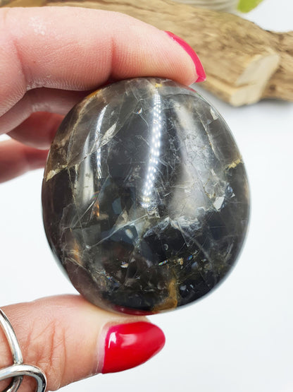 Flashy Black Moonstone Palm Stone - Intuition & New Beginnings Healing Crystal - 144g