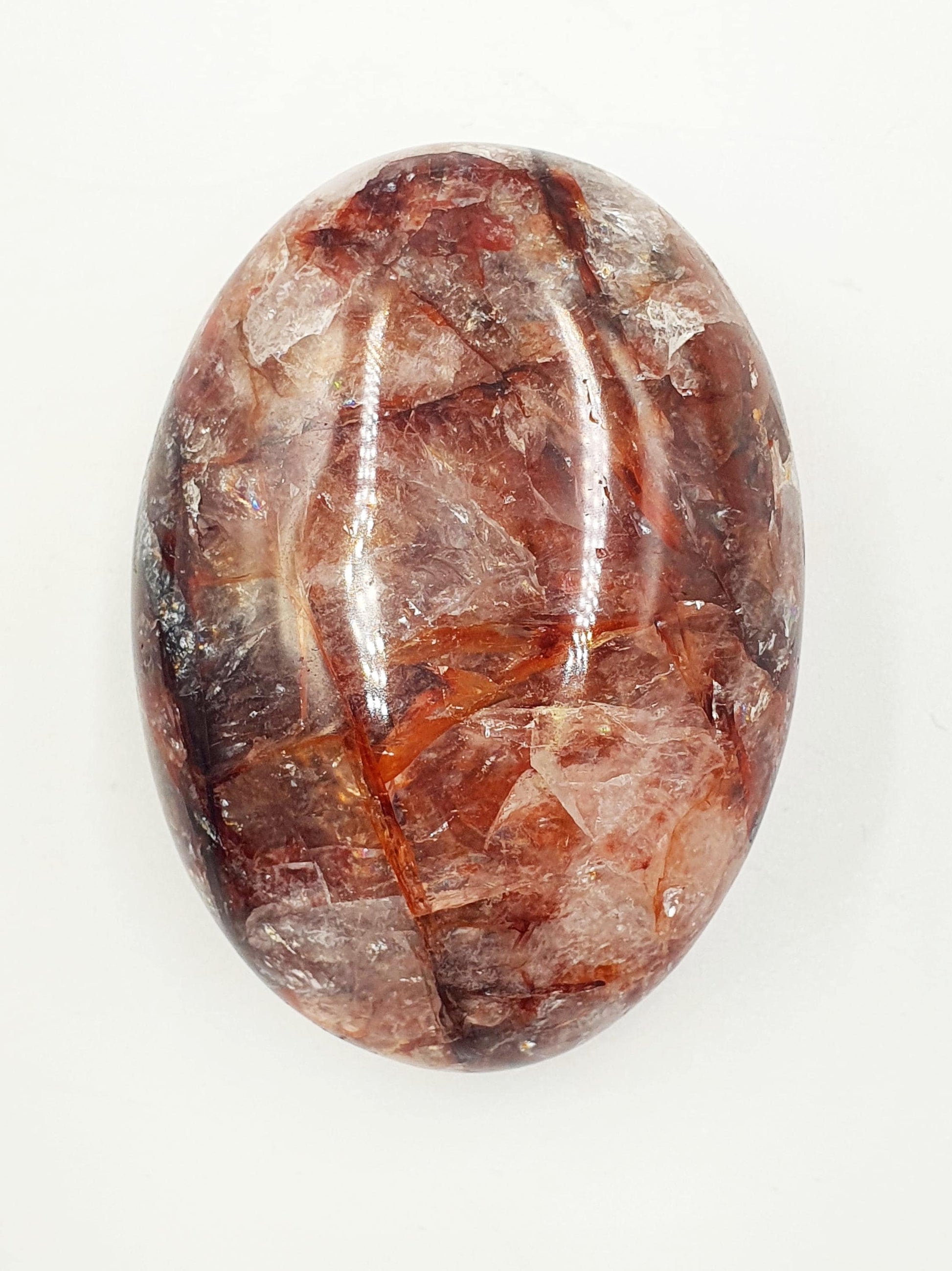 Fire Quartz (Hematoid) Palm Stone with rainbow flashes - Grounding & Vitality Crystal - 95g
