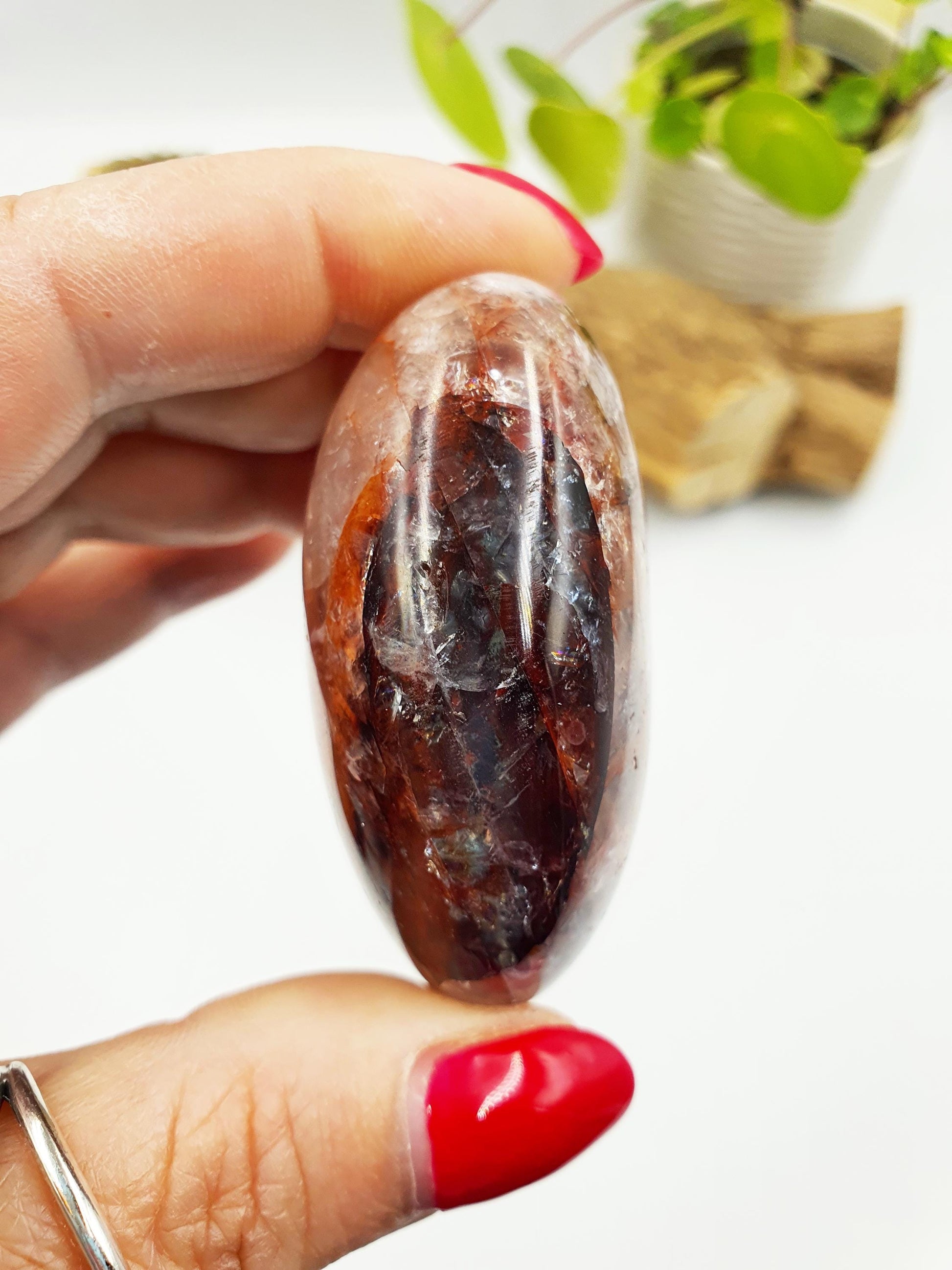 Fire Quartz (Hematoid) Palm Stone with rainbow flashes - Grounding & Vitality Crystal - 95g
