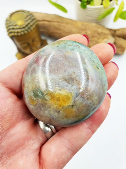Round Ocean Jasper Palm - Joy & Renewal Healing Crystal - 105g