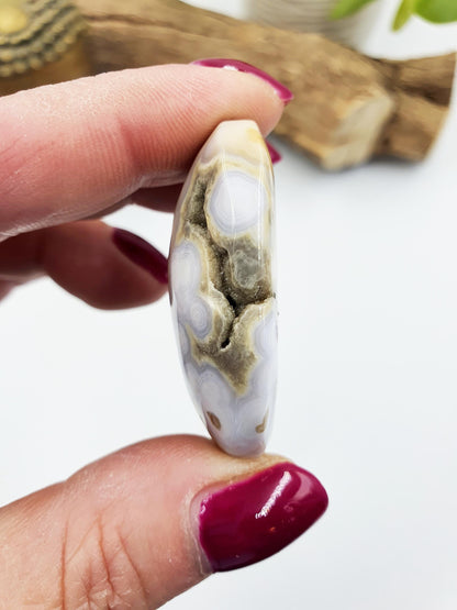 Small Orbicular Ocean Jasper Palm with sparkly drusy pocket - Joy & Renewal Healing Crystal, 25g