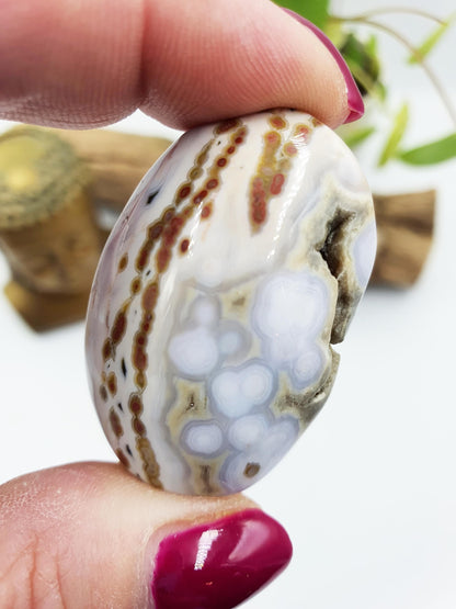 Small Orbicular Ocean Jasper Palm with sparkly drusy pocket - Joy & Renewal Healing Crystal, 25g