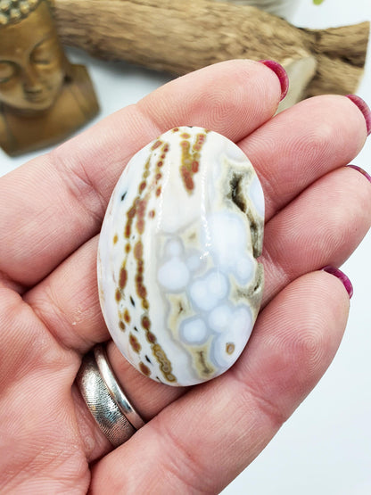 Small Orbicular Ocean Jasper Palm with sparkly drusy pocket - Joy & Renewal Healing Crystal, 25g