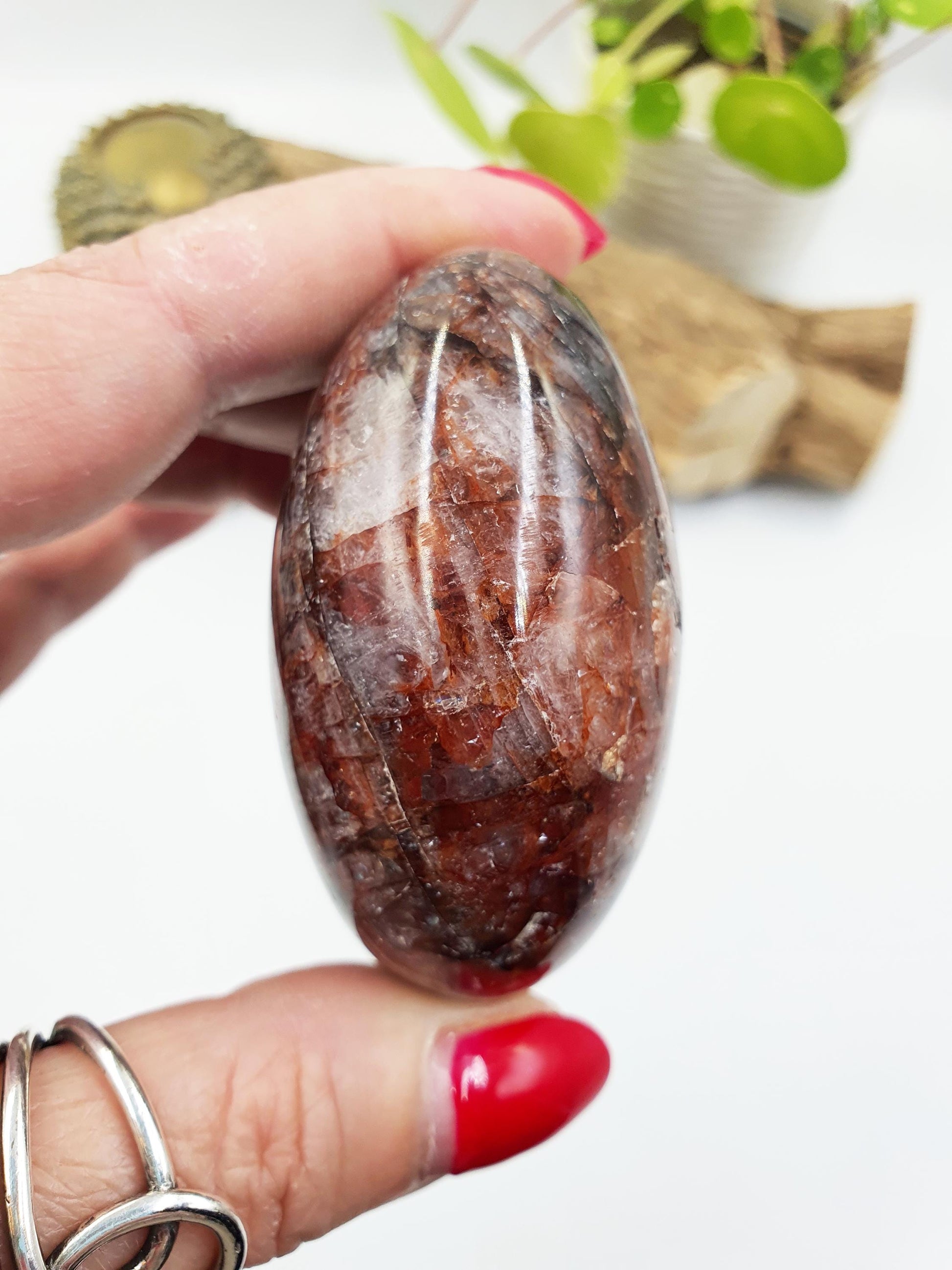 Large Fire Quartz (Hematoid) Palm Stone with rainbow flashes - Grounding & Vitality Crystal - 170g
