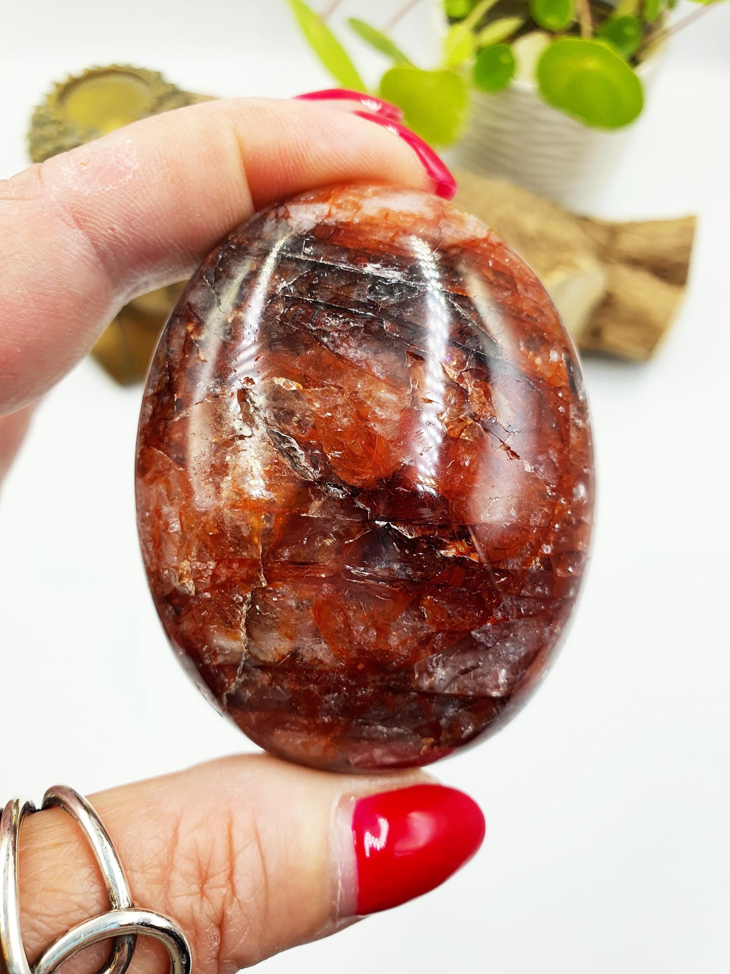 Large Fire Quartz (Hematoid) Palm Stone with rainbow flashes - Grounding & Vitality Crystal - 170g