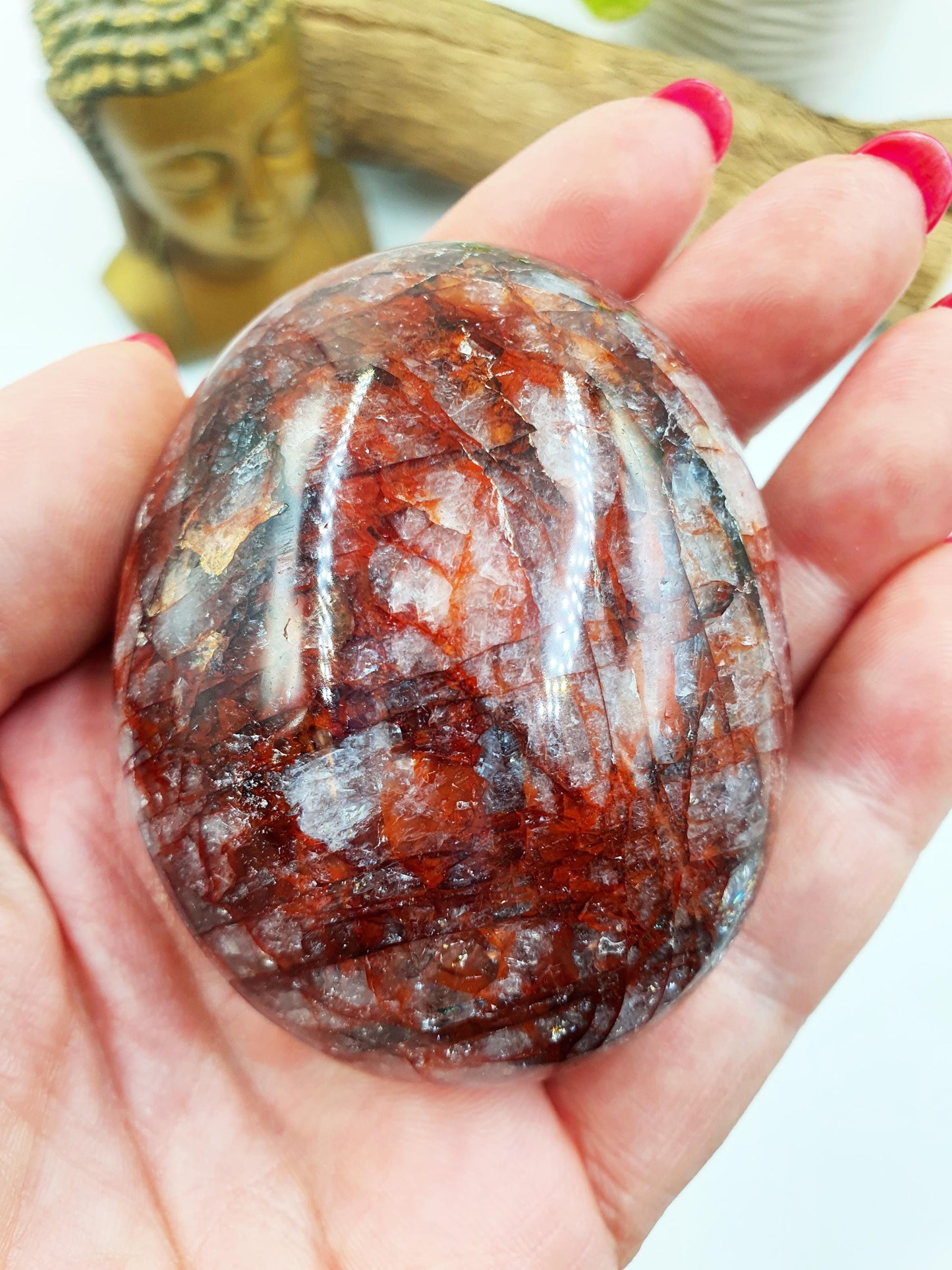 Large Fire Quartz (Hematoid) Palm Stone with rainbow flashes - Grounding & Vitality Crystal - 170g