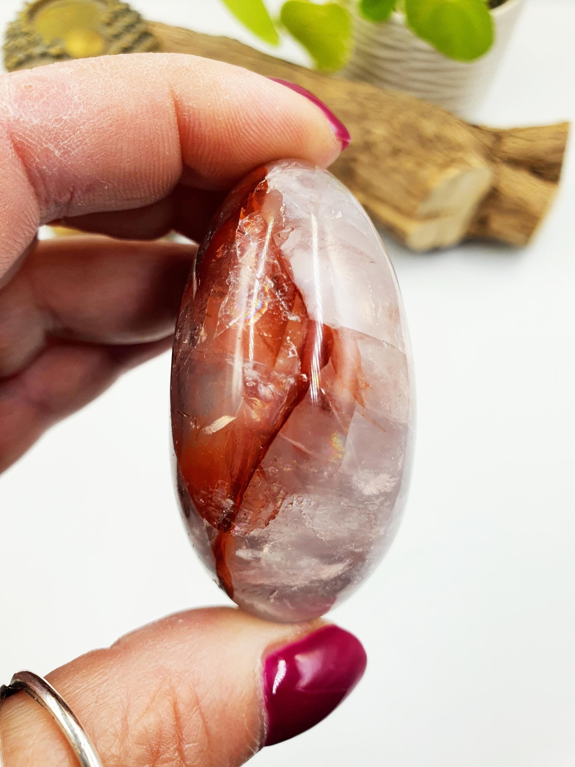Large Fire Quartz (Hematoid) Palm Stone with rainbow flashes - Grounding & Vitality Crystal - 130g