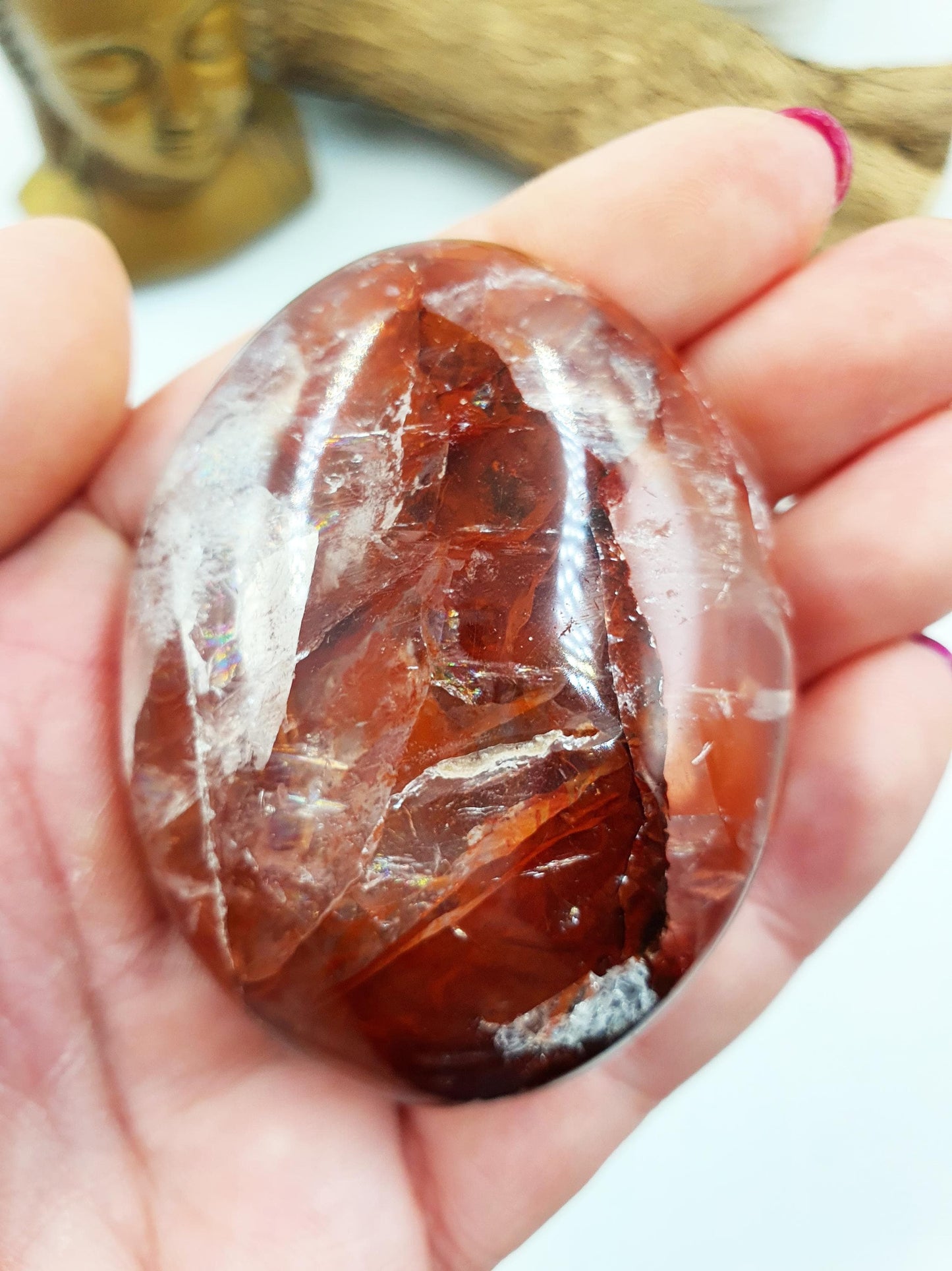 Large Fire Quartz (Hematoid) Palm Stone with rainbow flashes - Grounding & Vitality Crystal - 130g