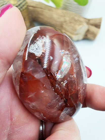 Large Fire Quartz (Hematoid) Palm Stone with rainbow flashes - Grounding & Vitality Crystal - 130g