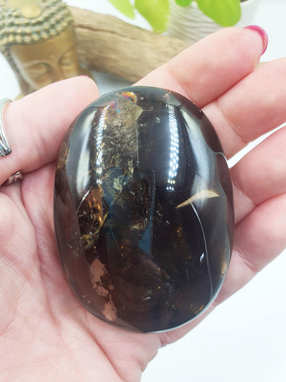 High Grade Large Smoky Quartz Palm Stone with Rainbows - Grounding & Protection Crystal, 140g