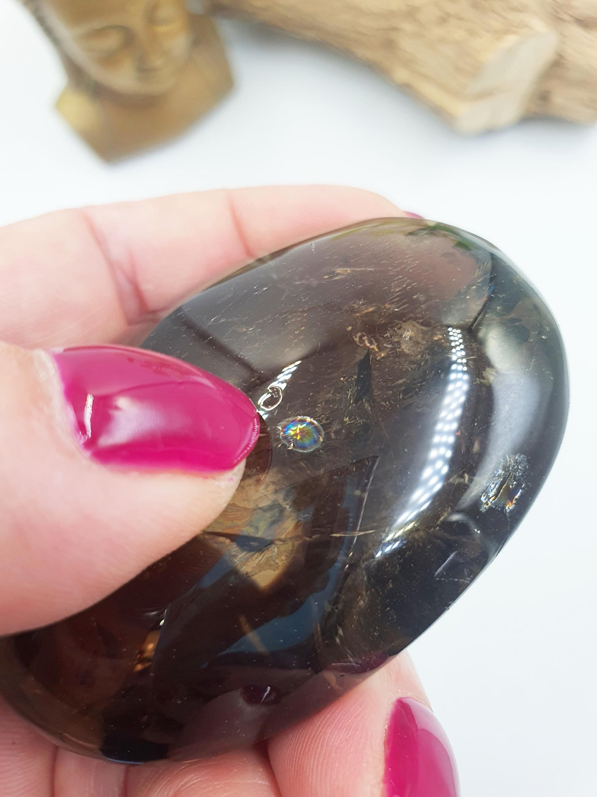 High Grade Large Smoky Quartz Palm Stone with Rainbows - Grounding & Protection Crystal, 140g