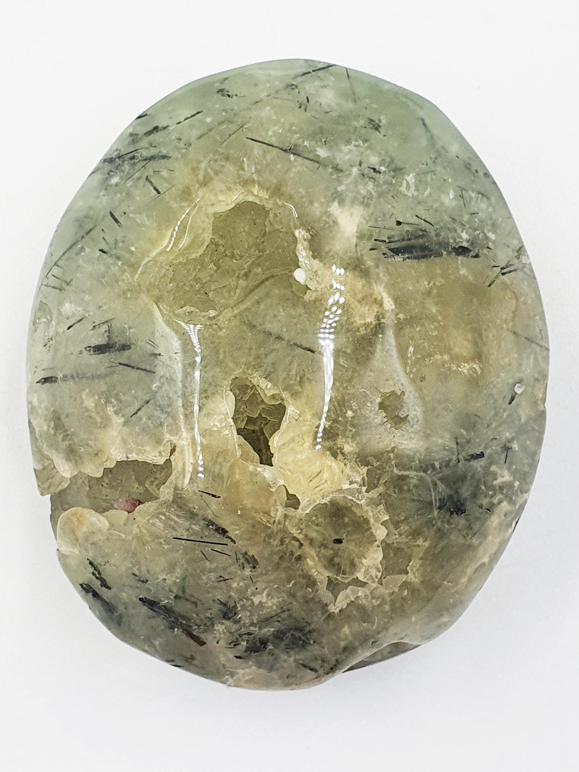 Large Prehnite Palm Stone with natural pockets - Love, Healing & Intuition Crystal, 115g