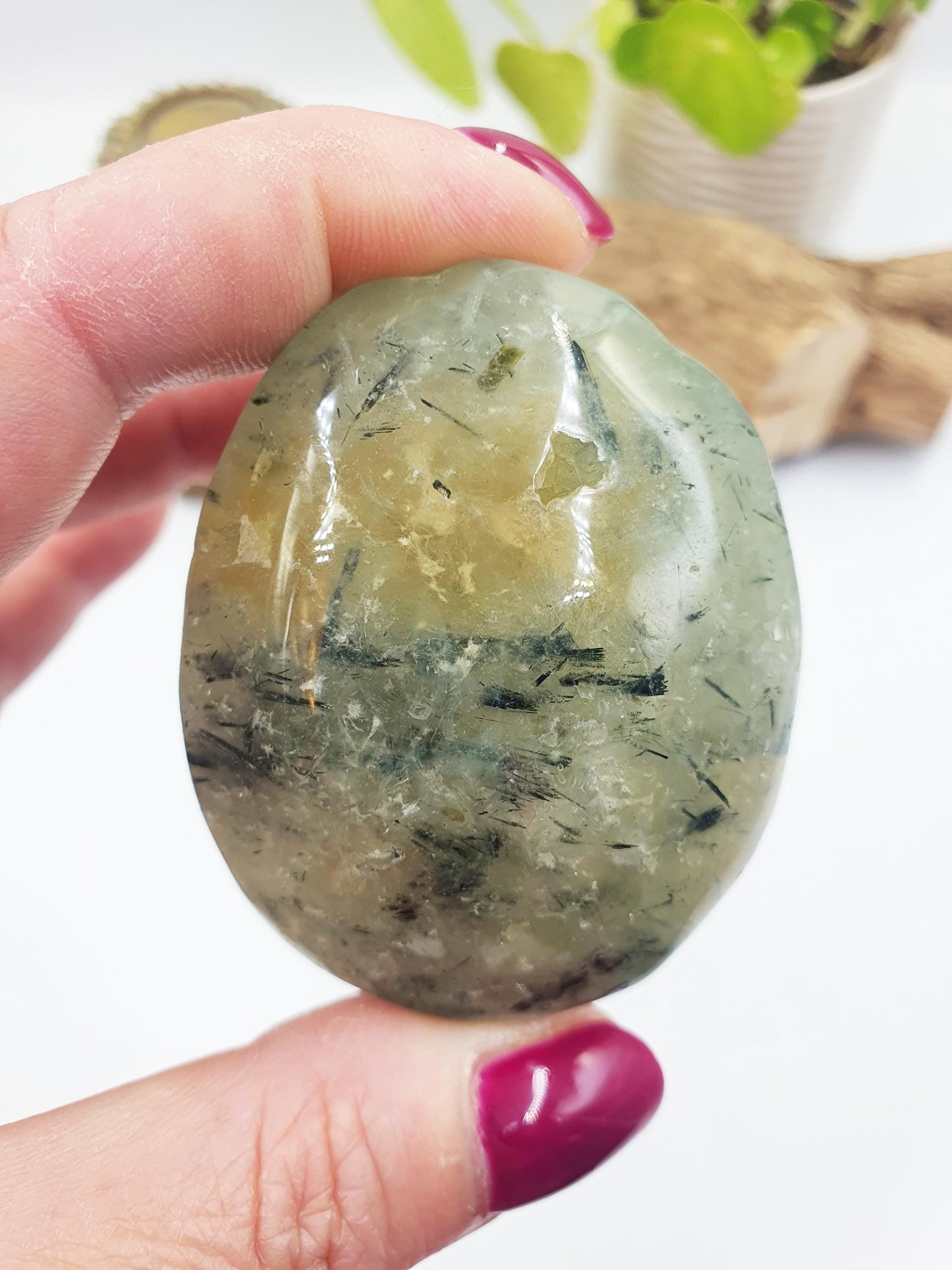 Large Prehnite Palm Stone with natural pockets - Love, Healing & Intuition Crystal, 115g