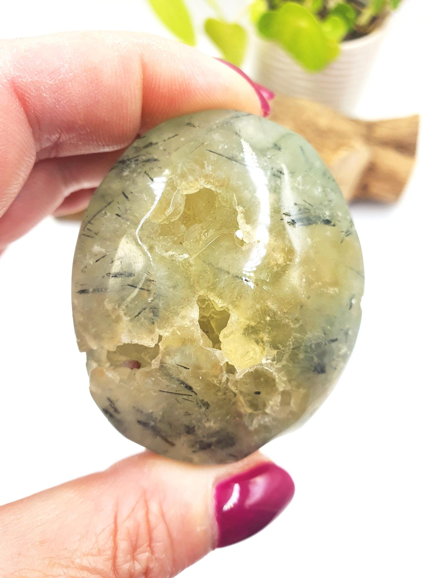 Large Prehnite Palm Stone with natural pockets - Love, Healing & Intuition Crystal, 115g