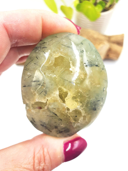 Large Prehnite Palm Stone with natural pockets - Love, Healing & Intuition Crystal, 115g