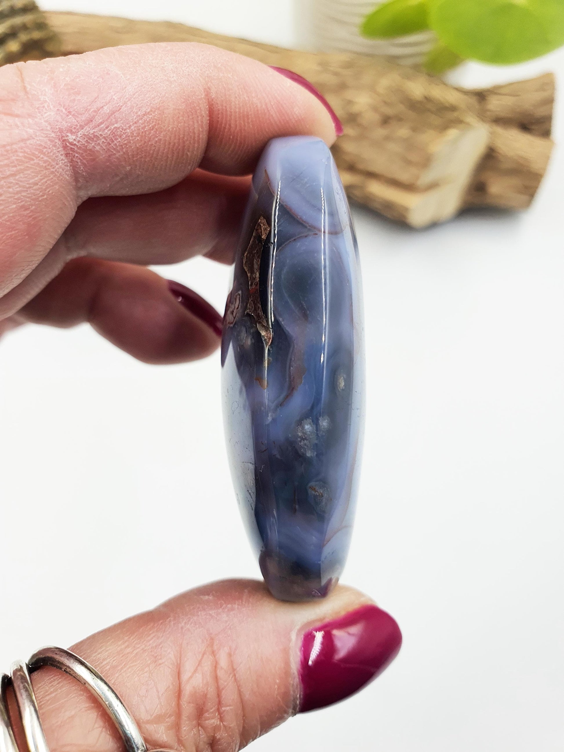 Blue Flower Agate Palm Stone - Sakura Nurturing & Growth Crystal, 70g