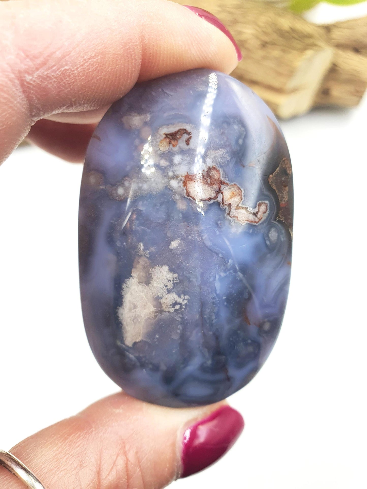 Blue Flower Agate Palm Stone - Sakura Nurturing & Growth Crystal, 70g