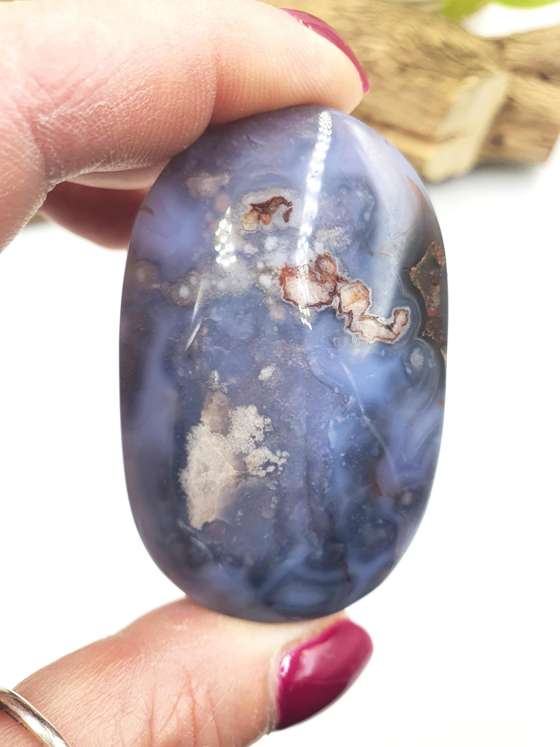 Blue Flower Agate Palm Stone - Sakura Nurturing & Growth Crystal, 70g