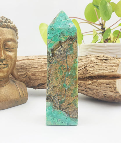 Prehnite and Agate Tower – Healing, Protection & Emotional Balance Crystal Point, 13.7cm