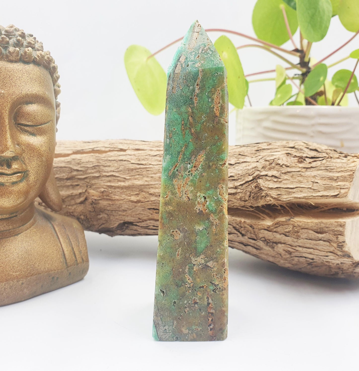 Prehnite and Agate Tower – Healing, Protection & Emotional Balance Crystal Point, 13.7cm