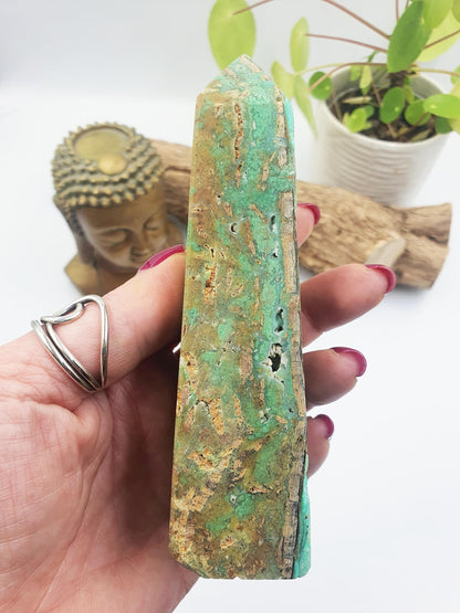 Prehnite and Agate Tower – Healing, Protection & Emotional Balance Crystal Point, 13.7cm