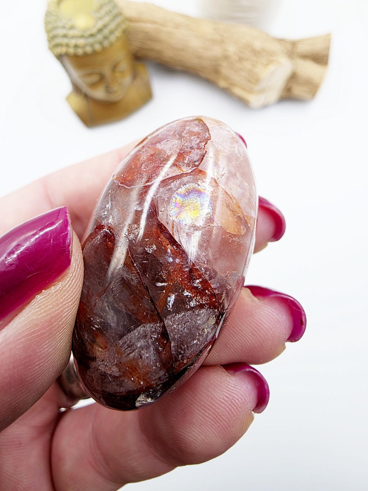 Fire Quartz (Hematoid) Palm Stone with rainbow flashes - Grounding & Vitality Crystal - 65g