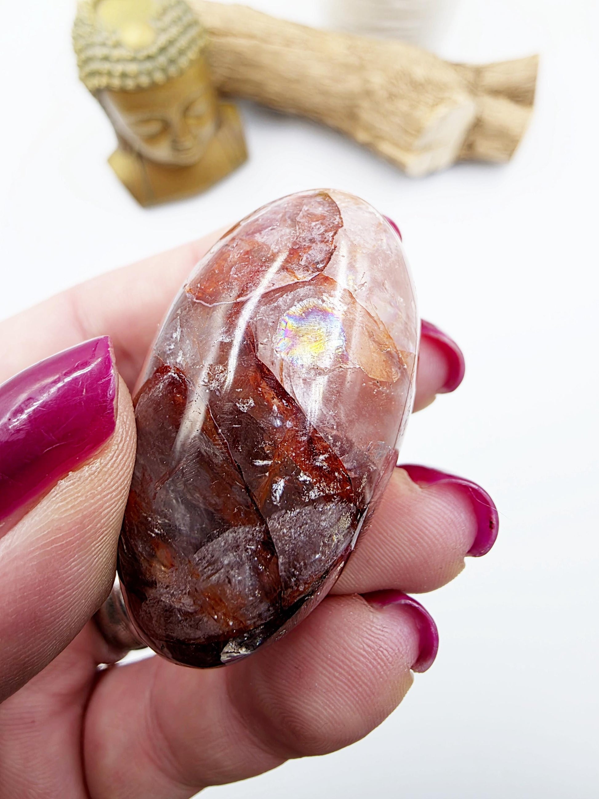 Fire Quartz (Hematoid) Palm Stone with rainbow flashes - Grounding & Vitality Crystal - 65g