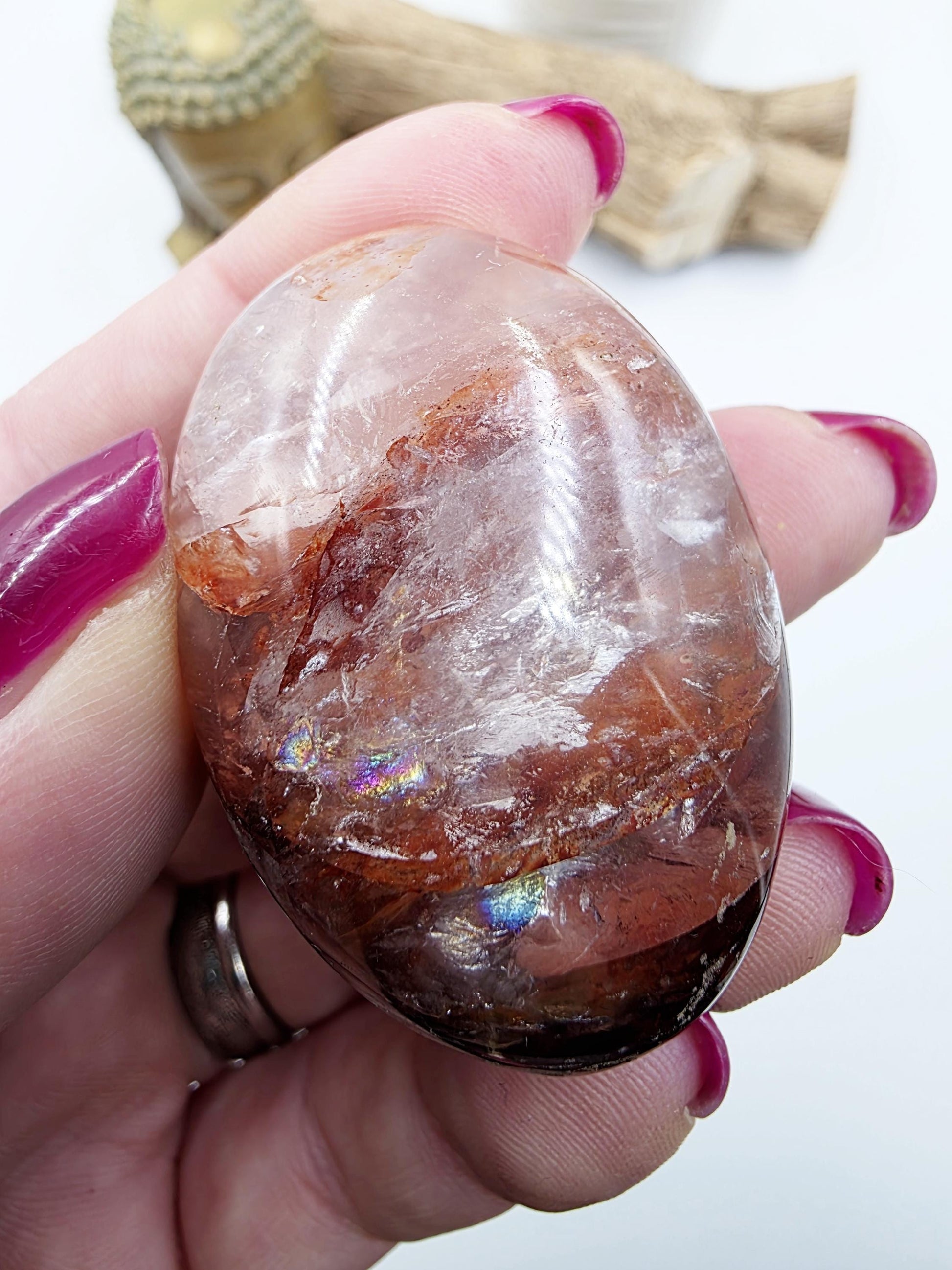 Fire Quartz (Hematoid) Palm Stone with rainbow flashes - Grounding & Vitality Crystal - 65g