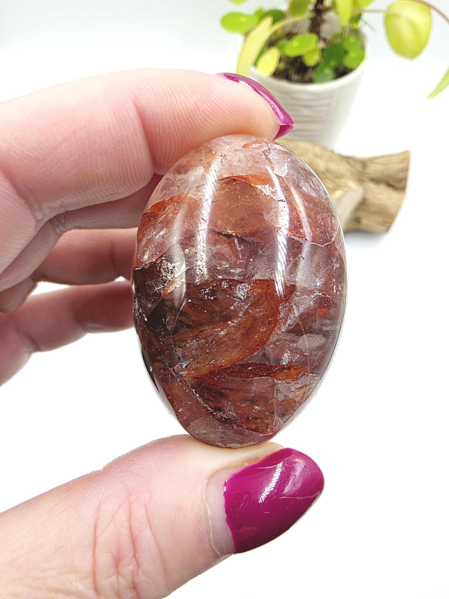 Fire Quartz (Hematoid) Palm Stone with rainbow flashes - Grounding & Vitality Crystal - 65g