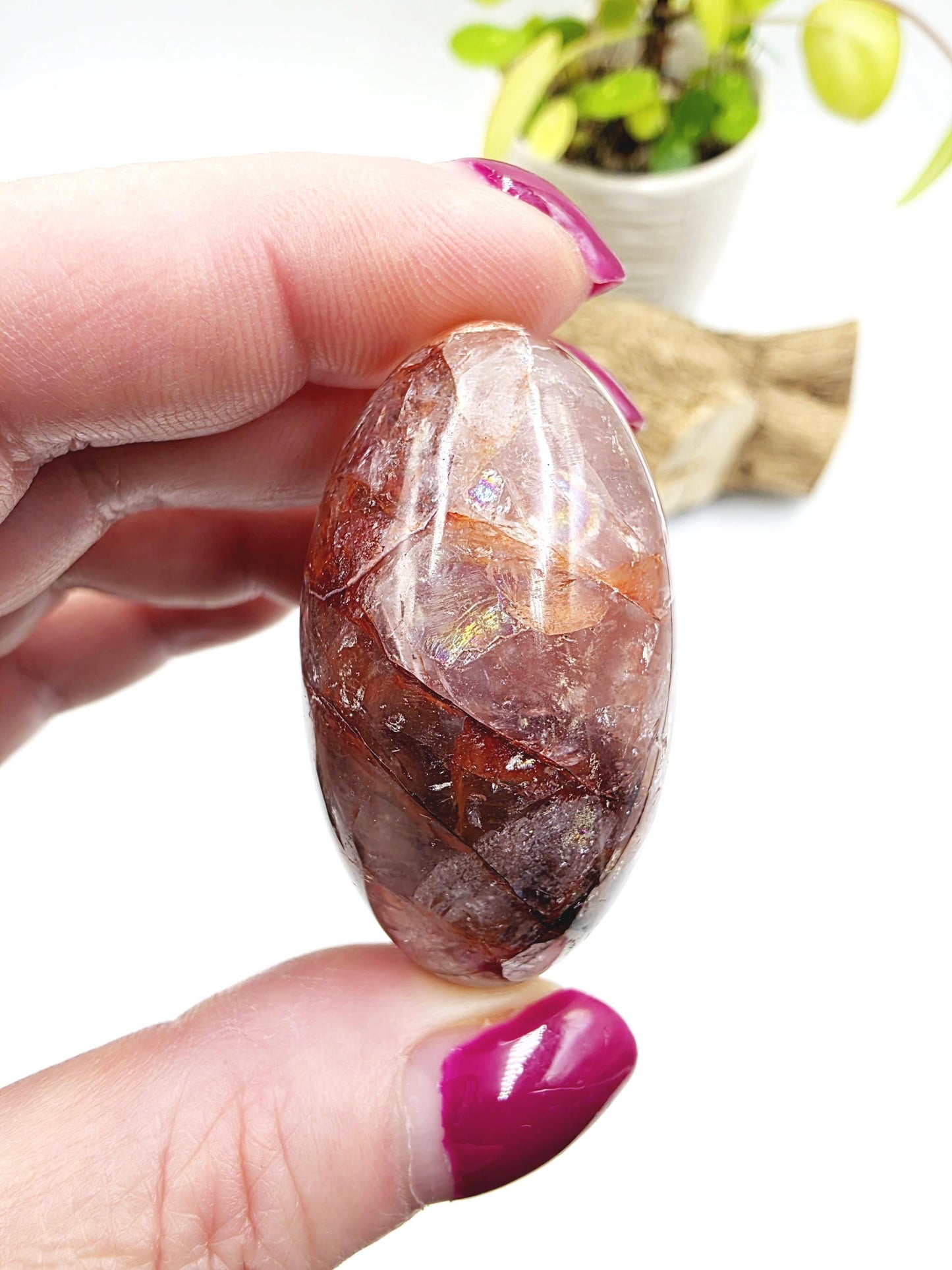 Fire Quartz (Hematoid) Palm Stone with rainbow flashes - Grounding & Vitality Crystal - 65g