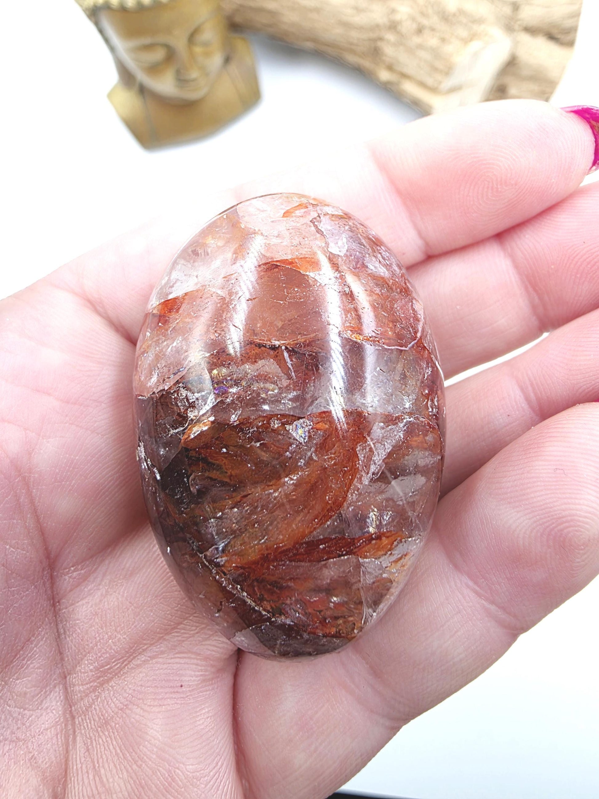 Fire Quartz (Hematoid) Palm Stone with rainbow flashes - Grounding & Vitality Crystal - 65g