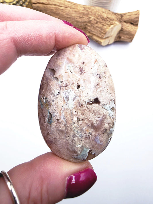 Green Flower Agate (Sakura) Palm Stone - Growth, Creativity & Emotional Healing Crystal, 65g