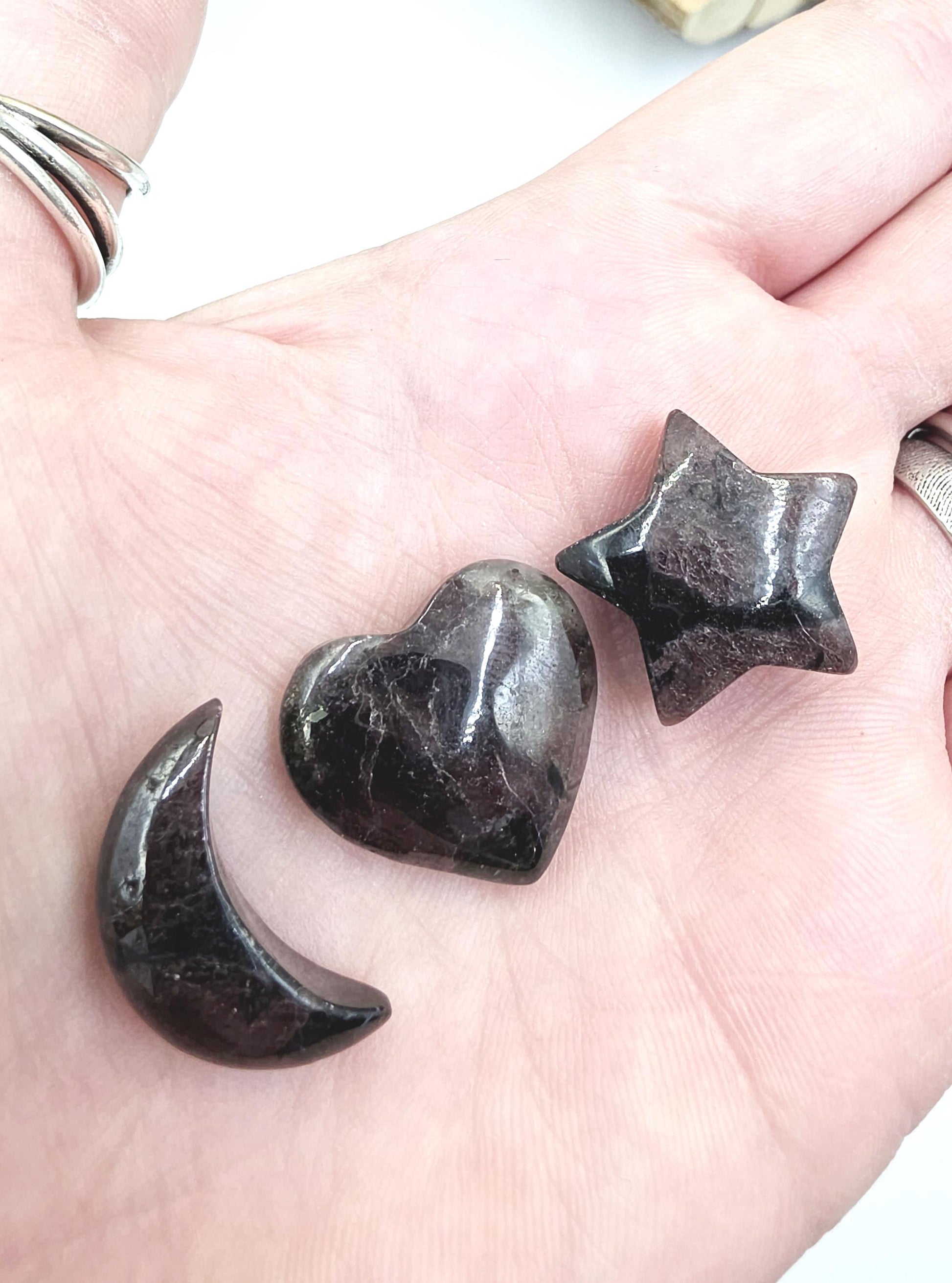 Mini Garnet Heart, Star and Moon Set – Strength, Passion & Protection Crystal Carving Trio