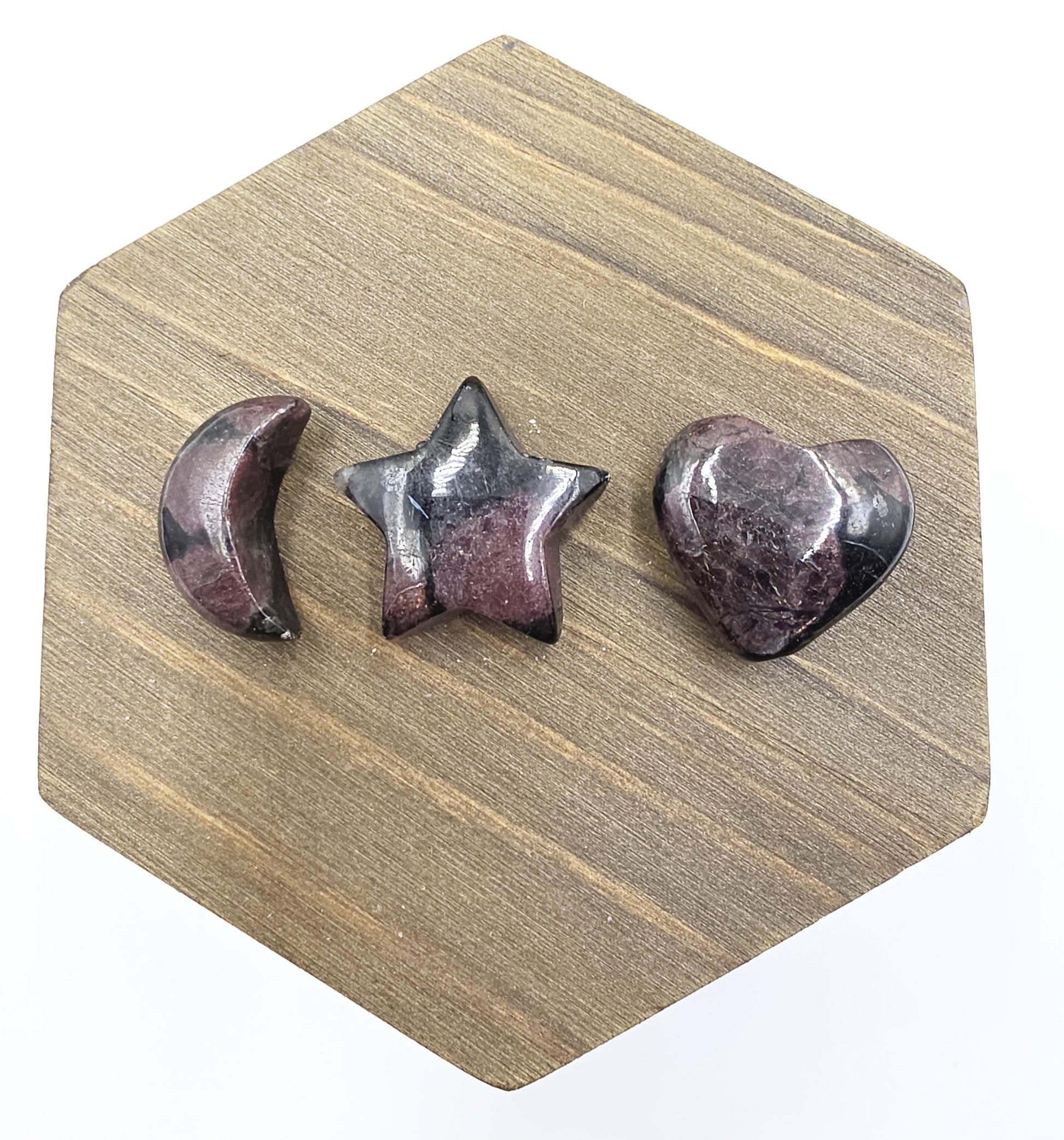 Mini Garnet Heart, Star and Moon Set – Strength, Passion & Protection Crystal Carving Trio